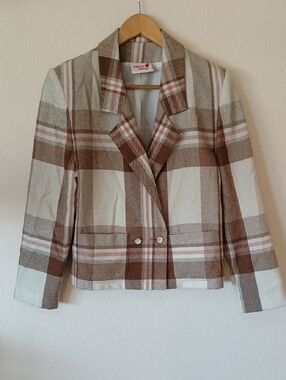 Vintage Sweet Apple Tan Plaid Blazer Wool Blend
